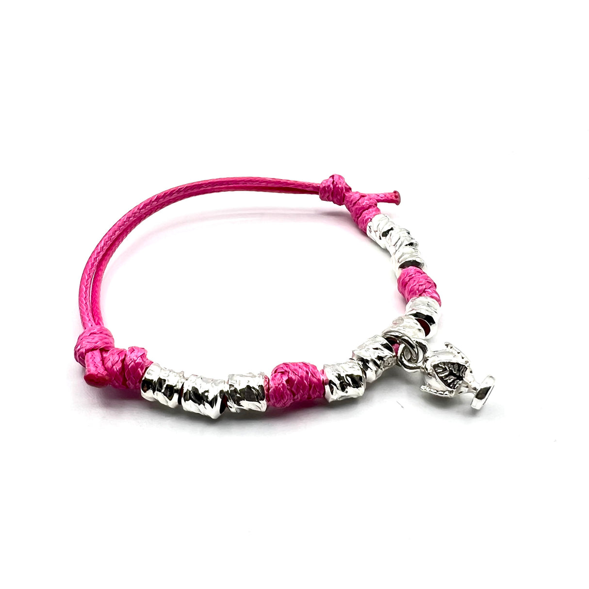 Bracciale cordino e Pumino Argento925 Fucsia